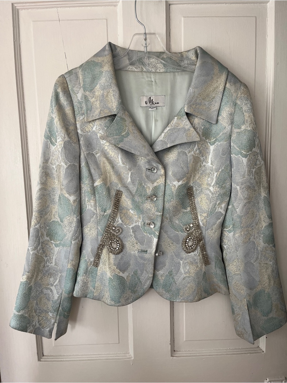 Mira Jacquard Pastel Floral Embellished Skirt Suit - Light Blue, Mint & Gold